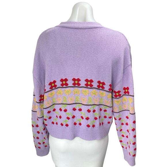 Zara Purple Cherry Floral Knit Long Sleeve Cardigan Sweater Tank 2 Pc Set Size S - Picture 2 of 7
